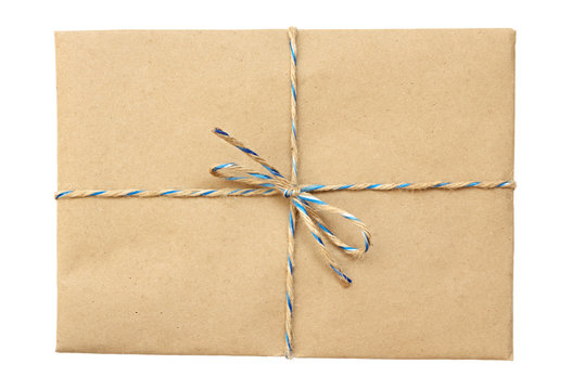 Vintage package  tied up with string isolated on a white backgro