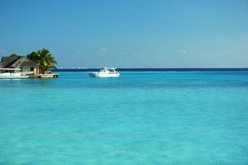 Fototapeta na wymiar Beautiful view of ocean with yacht, in resort