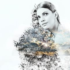 abstract double exposure of woman and beauty of nature at the su