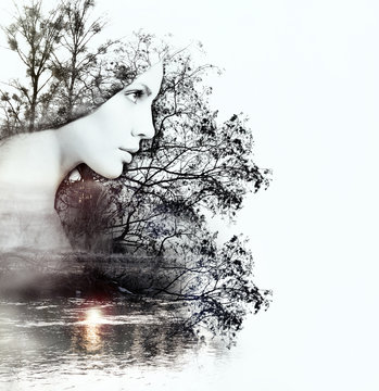 Abstract Double Exposure Of Woman And Nature At The Sunset On Th