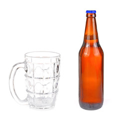 Glass beer bottle white background