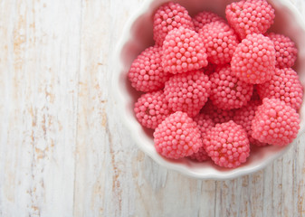 pink candies in a bowl