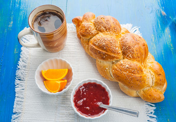 coffee and challah. breakfast table