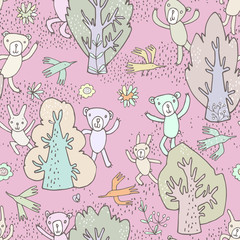 Seamless pattern. Image of cheerful cute cartoon forest animals