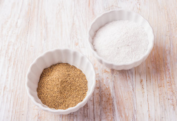 salt and pepper on wooden table