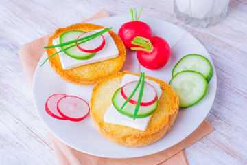 Toast with feta cheese, cucumber and radish