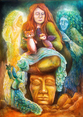 Obraz na płótnie Canvas woman story teller with puppets and protective spirits, fantasy