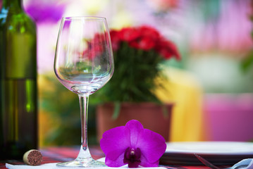 Glass and wine bottles on the table