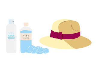 Isolated Water bottle and beach hat. Vector design.