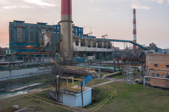 CHP with high chimneys at dusk