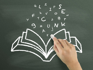 words flying out from book drawn by hand