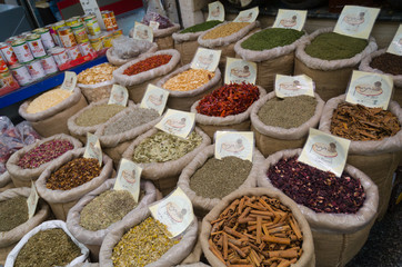 Spices nuts and other food for sale at a market in Jerusalem
