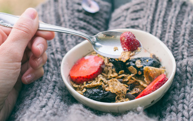 Healthy breakfast with yougurt and fruits