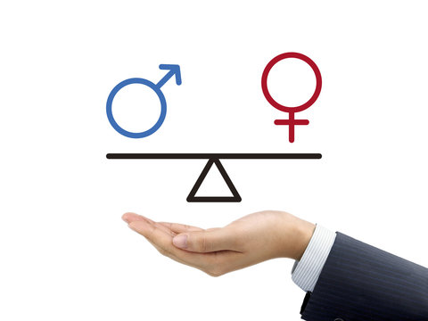 male and female equality concept holding by businessman's hand