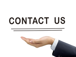contact us words holding by businessman's hand