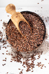linseed, flax seeds on sackcloth