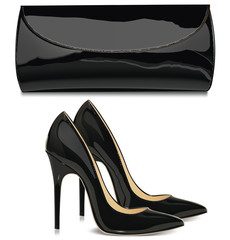 Pair of black female high-heeled shoes and  mini bag - 81541558