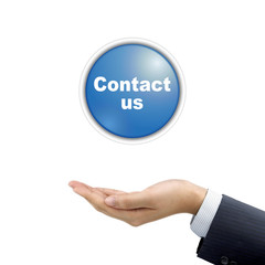 businessman's hand holding contact us icon