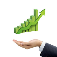 businessman's hand holding bar graph with rising arrow