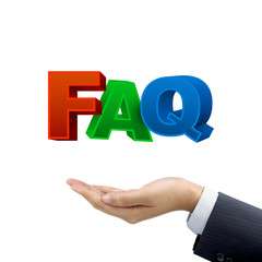 businessman's hand holding FAQ words