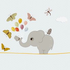 Cute elephant with balloons and butterflies