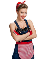 Sexy maid wearing apron with arms across