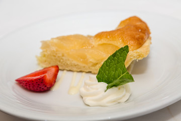 Pear Tart with Strawberry and Mint Leaf