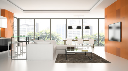 Interior of the modern design  loft  with orange wall 3D renderi