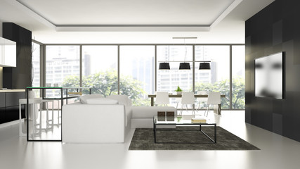Interior of the modern design  loft  with white floorl 3D render