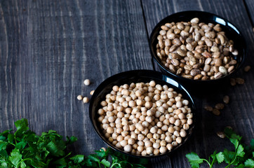 chickpeas and beans in bowls