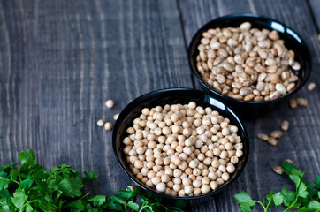 chickpeas and beans in bowls