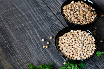 chickpeas and beans in bowls