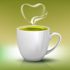 Realistic cup of green tea with heart shape steam