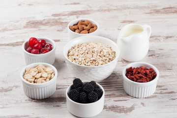 cereal and various delicious ingredients for breakfast and white