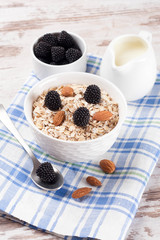 oatmeal with blackberries and a pitcher of milk