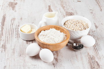milk, cereal and ingredients for baking