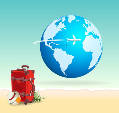 Red Vacation Travel Suitcase on Sunny Beach with Globe Airplane