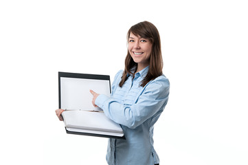 happy woman points a finger at files