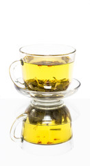 Transparent saucer cup of green tea with reflection
