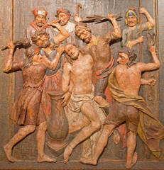 Fototapeta na wymiar Banska Stiavnica - carved relief of Flagellation - Calvary