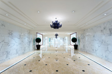 luxury hotel corridor interior with elegant decorations.