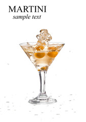 A martini glass on a white background; the water