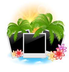 Set photo frame with palms, flowers, seascape background