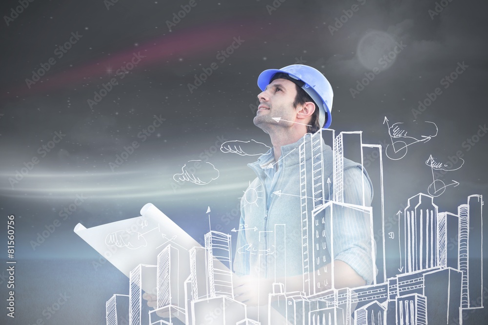 Poster Composite image of architect with blueprint