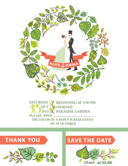 Cute wedding invitation with bride, groom ,green leaves wreath