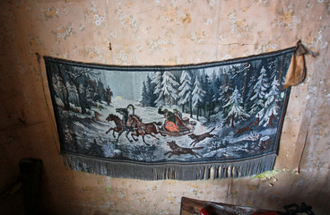 Sled and three horses in russian winter