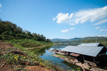 Bamboo raft floating in river, Thailand