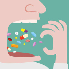 Close up of Man Throw a lot of pills in to his mouth