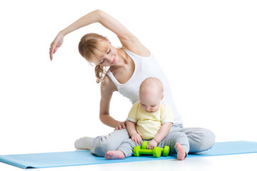 mom with baby doing gymnastics and fitness exercises