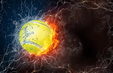 Foto auf Acrylglas Ballsport Tennisball in Feuer und Wasser